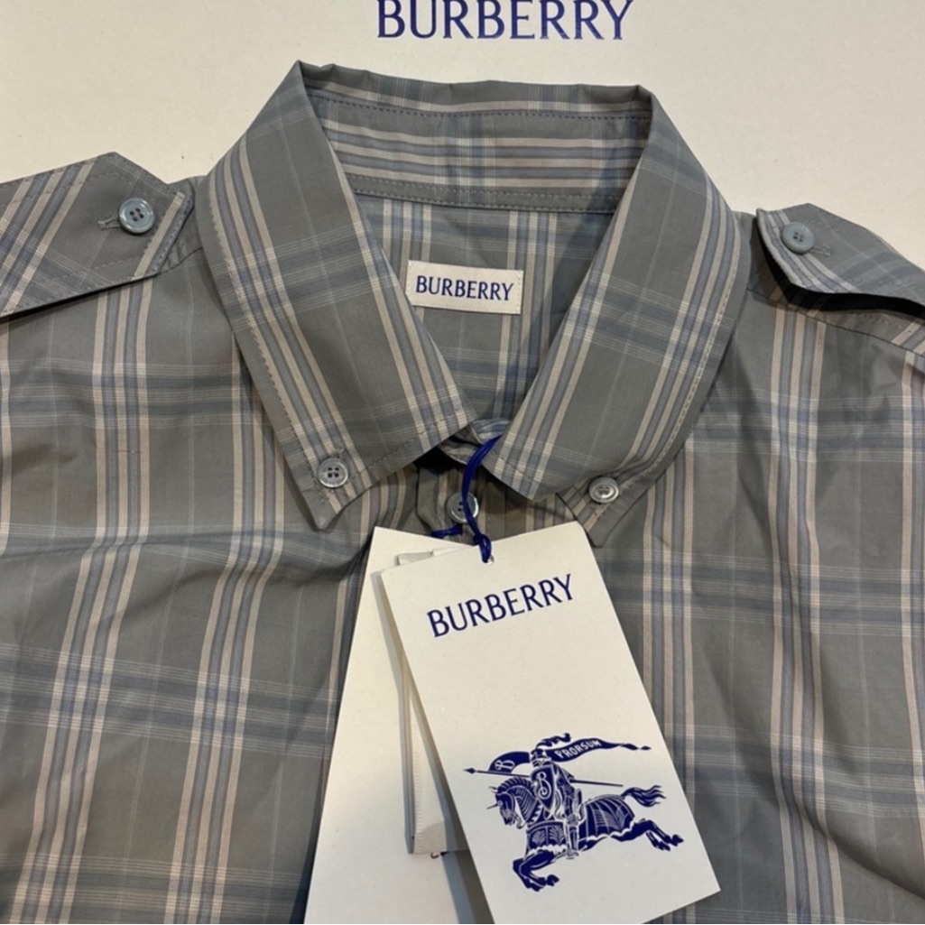 Burberry Gray Plaid Button-Down Shirt With Subtle Blue Stripes